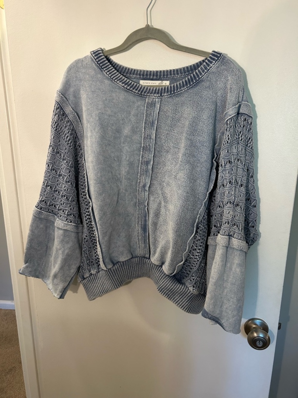 Altar'd State Washed Light Blue Crochet-Sleeve Scoop Neck Sweater